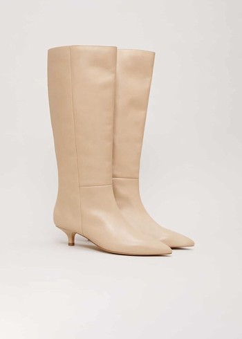 Phase Eight Knee High Kitten Boots Cream USA | 3045861-KB